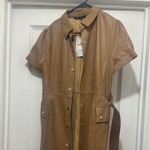 Zara Camel Leather Dress with Short Sleeves